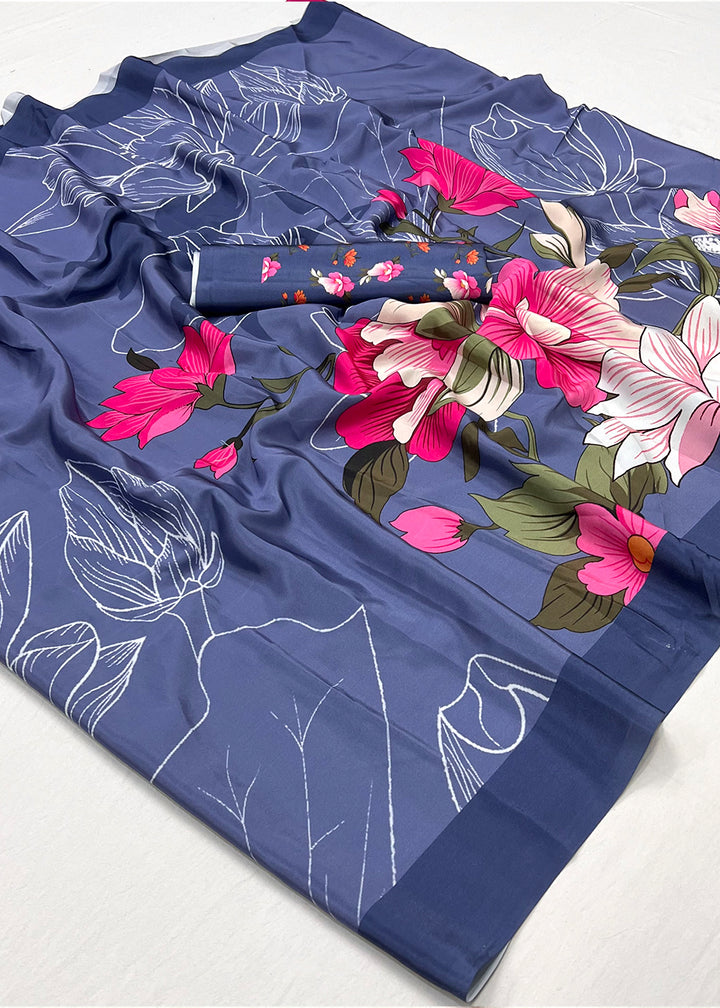 Classic Blue Designer Printed Silk Crepe Saree