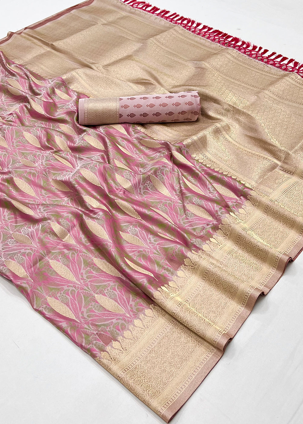 Shades Of Pink Handloom Satin Silk Saree Featuring Buttis All Over