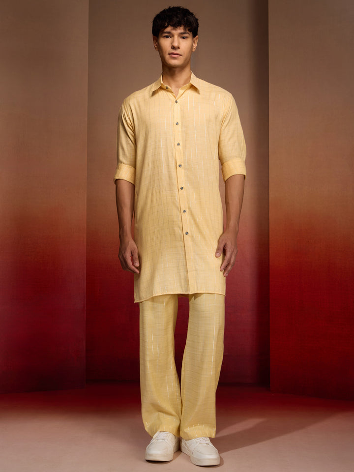 Men's Yellow Cotton Geometric Kurta Palazzo Set