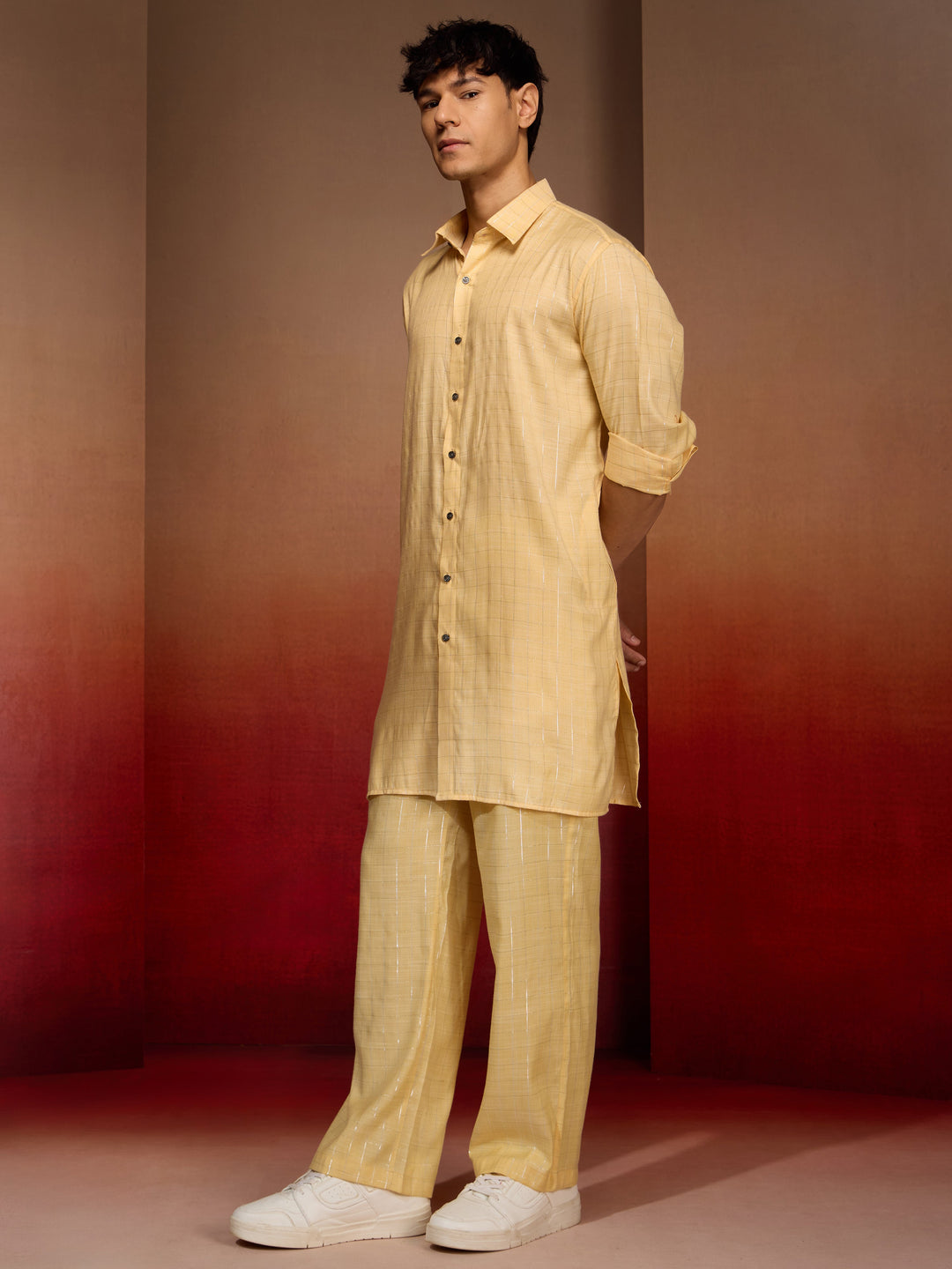 Men's Yellow Cotton Geometric Kurta Palazzo Set