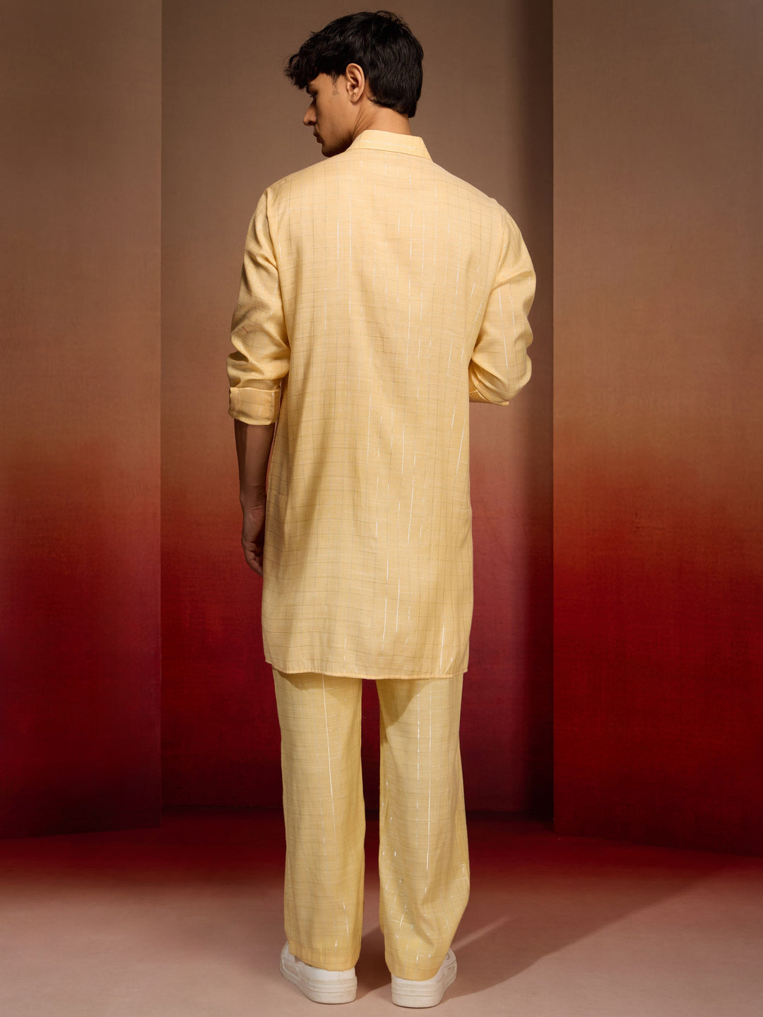 Men's Yellow Cotton Geometric Kurta Palazzo Set
