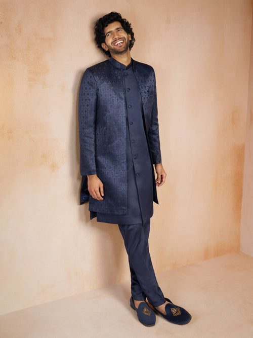 Men's Navy Blue  Jacquard Silk Blend Sherwani Jacket with Matching Pant Set