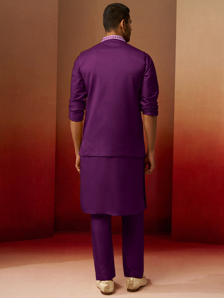 Men Purple Silk 3-Piece Nehru Jacket Set