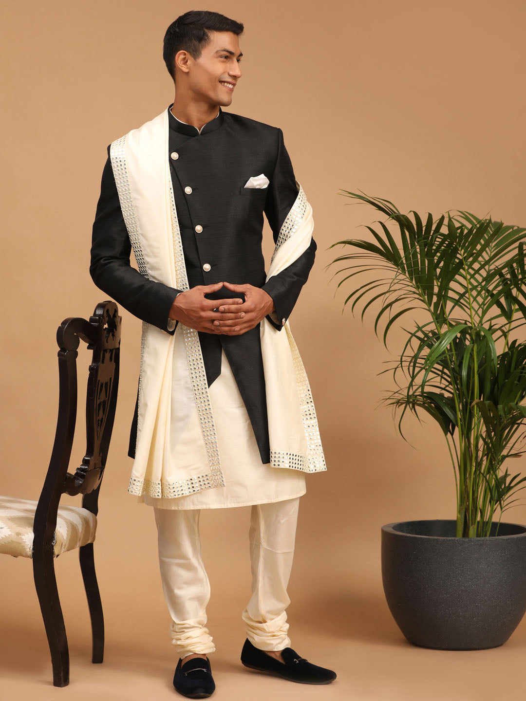 Men's Black Angrakha Indo Western Combo With Dupatta Set