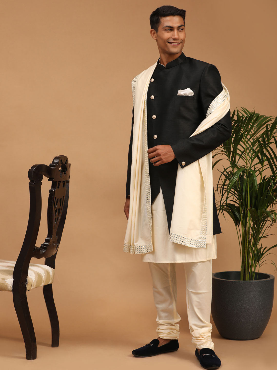 Men's Black Angrakha Indo Western Combo With Dupatta Set