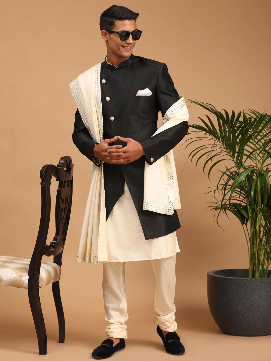 Men's Black Angrakha Indo Western Combo With Dupatta Set