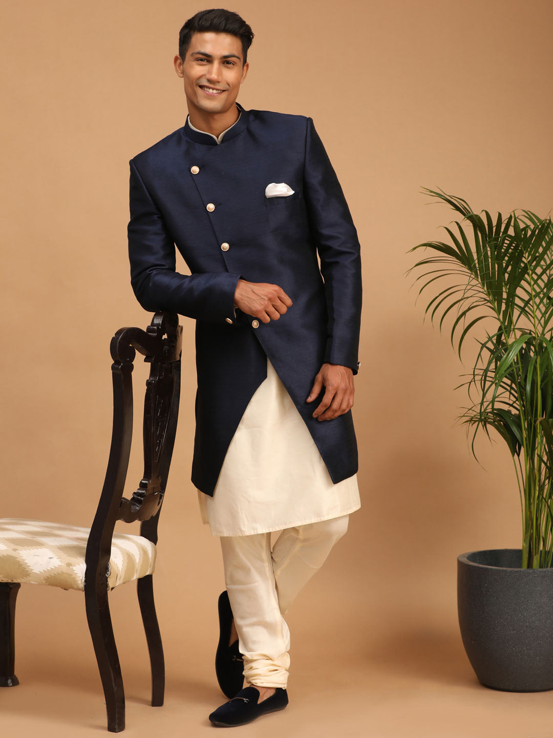 Sarvati Men's Navy Blue Angrakha Indo Western Combo Set