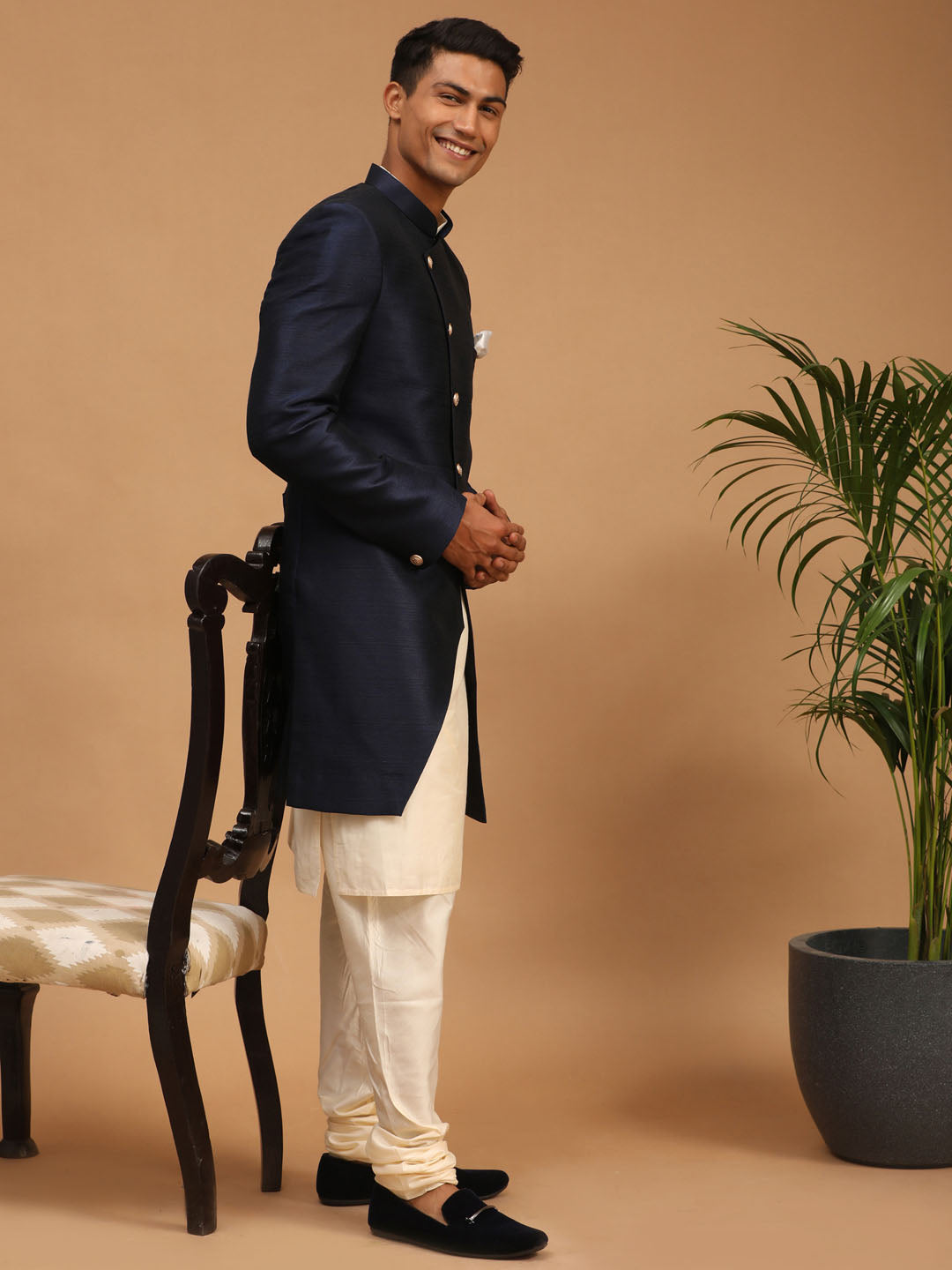 Sarvati Men's Navy Blue Angrakha Indo Western Combo Set