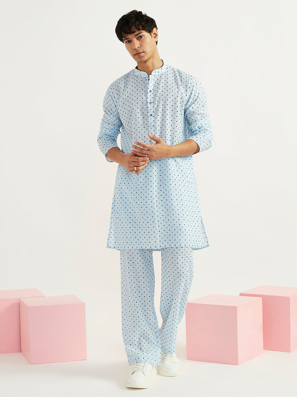 Men's Aqua Linen Jacket,Kurta And Pyjama Set.