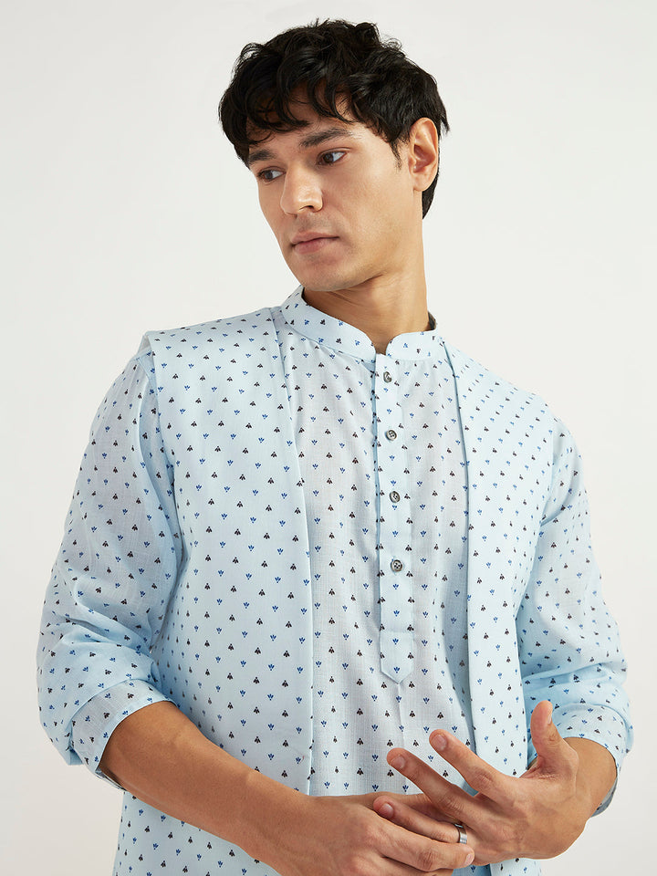 Men's Aqua Linen Jacket,Kurta And Pyjama Set.