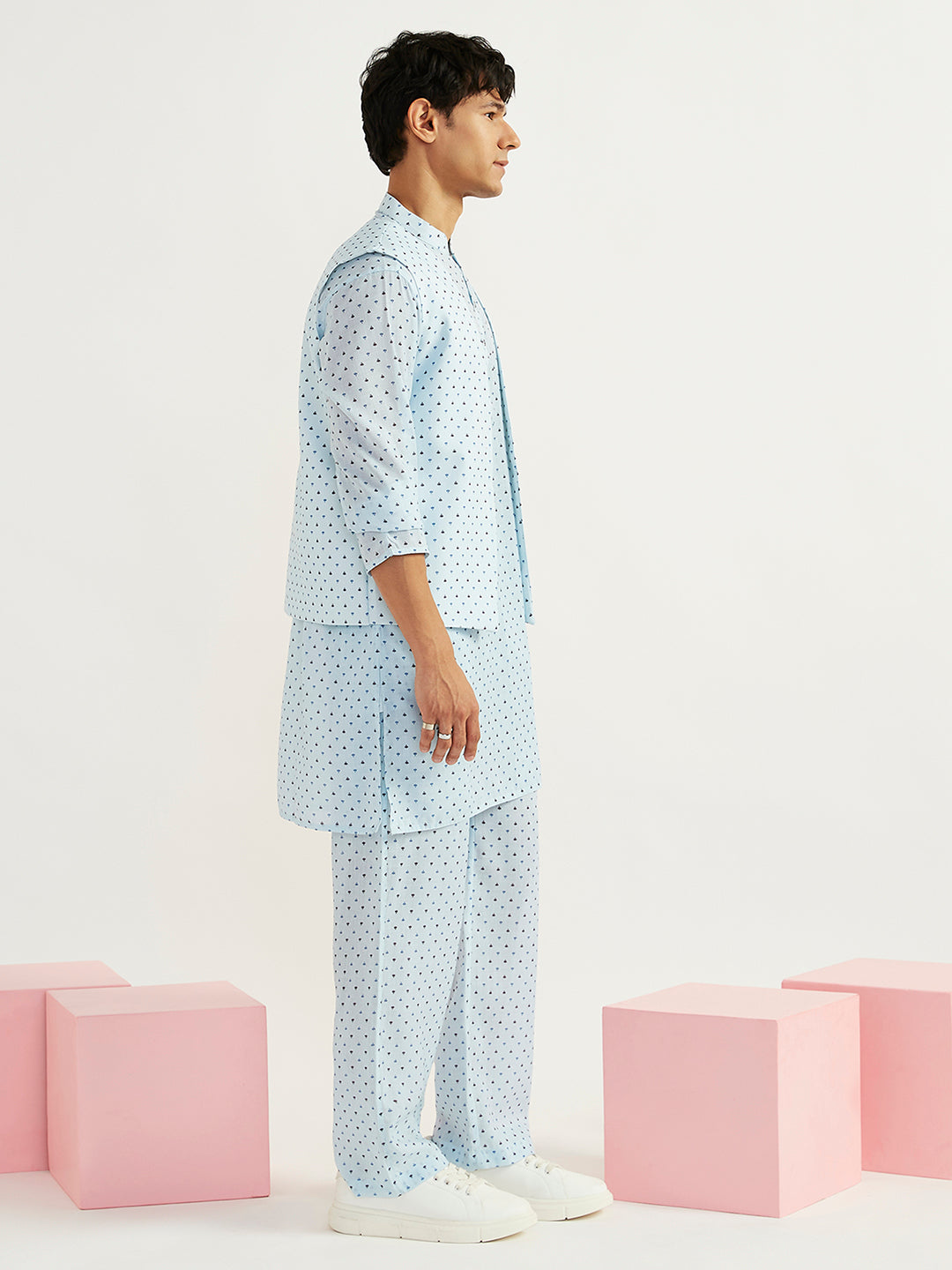 Men's Aqua Linen Jacket,Kurta And Pyjama Set.