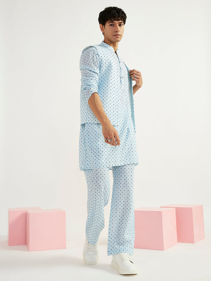 Men's Aqua Linen Jacket,Kurta And Pyjama Set.