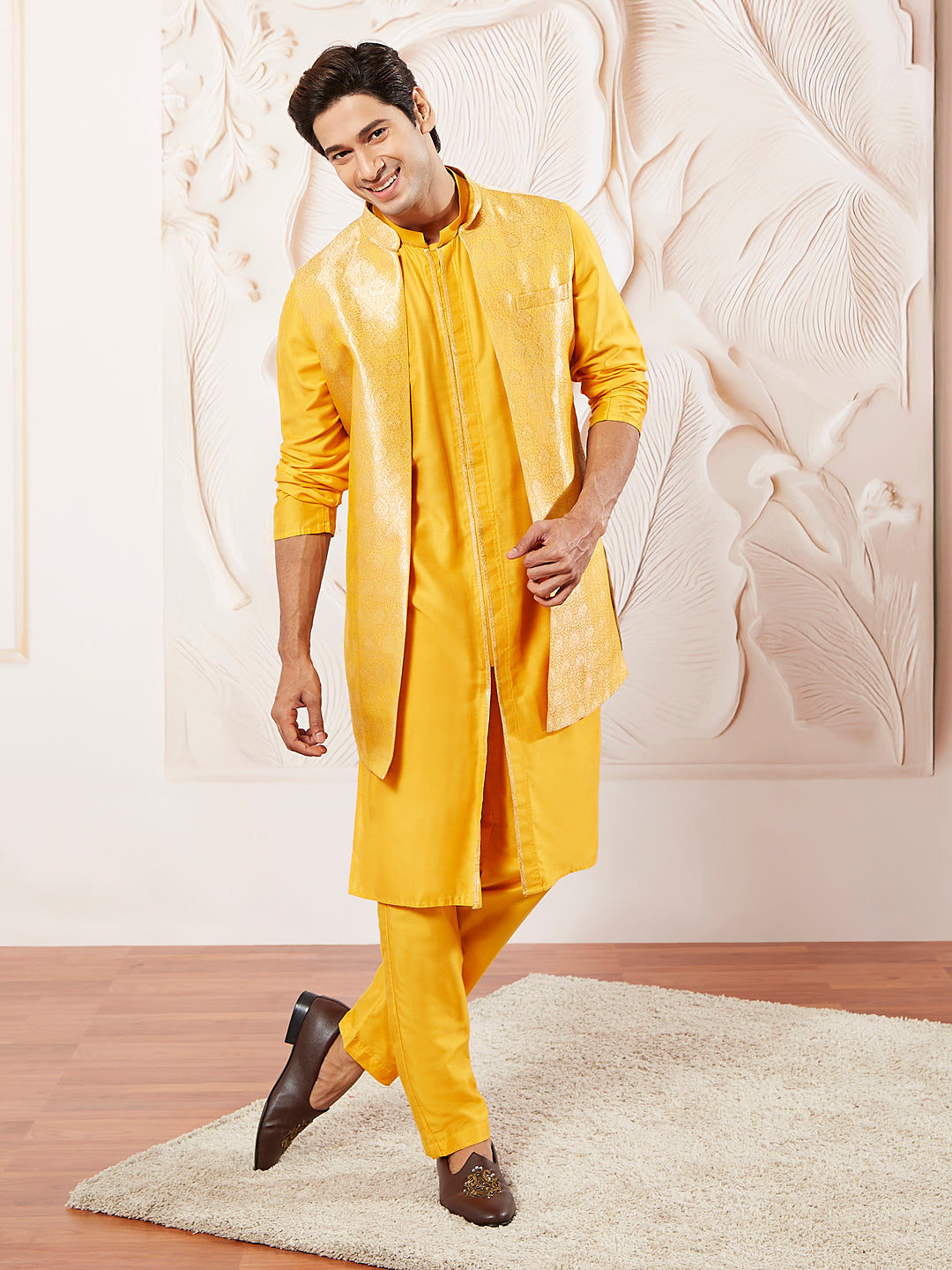 Men's Mustard Silk Blend Jacket Kurta And Pyjama Set