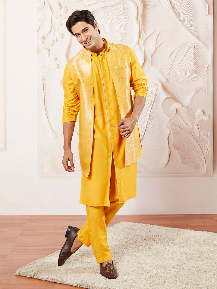 Men's Mustard Silk Blend Jacket Kurta And Pyjama Set