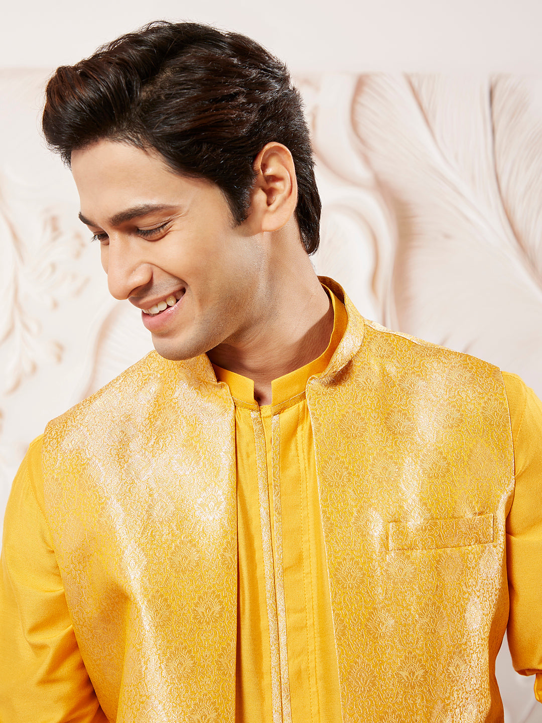 Men's Mustard Silk Blend Jacket Kurta And Pyjama Set