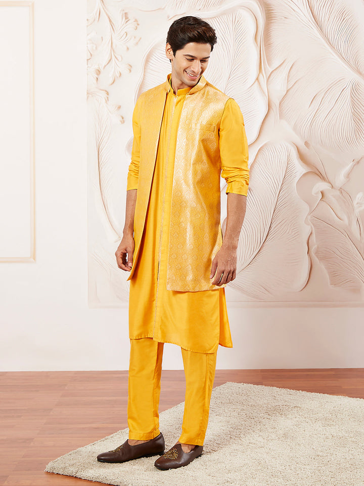 Men's Mustard Silk Blend Jacket Kurta And Pyjama Set