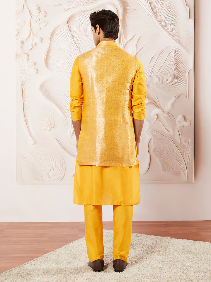 Men's Mustard Silk Blend Jacket Kurta And Pyjama Set
