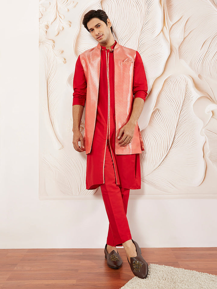 Men's Red Silk Blend Jacket Kurta And Pyjama Set