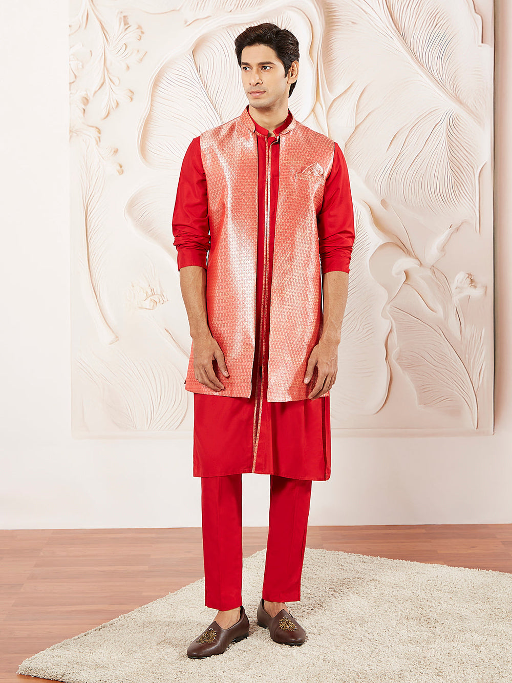 Men's Red Silk Blend Jacket Kurta And Pyjama Set
