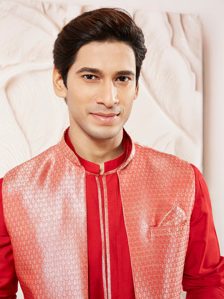 Men's Red Silk Blend Jacket Kurta And Pyjama Set