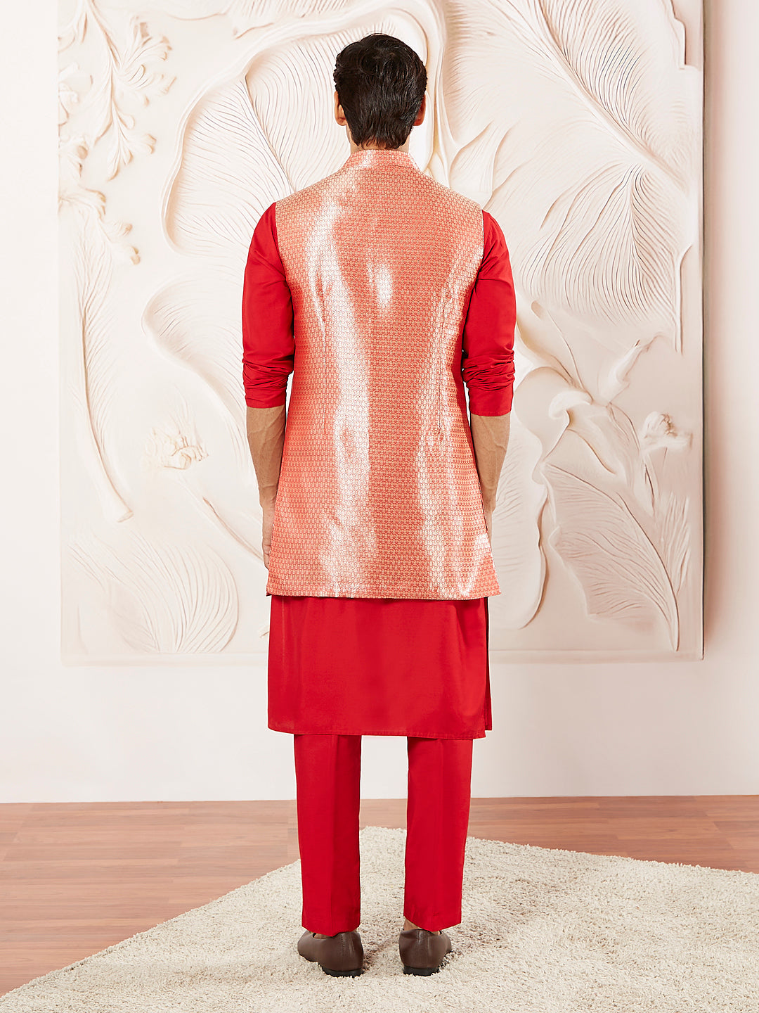 Men's Red Silk Blend Jacket Kurta And Pyjama Set