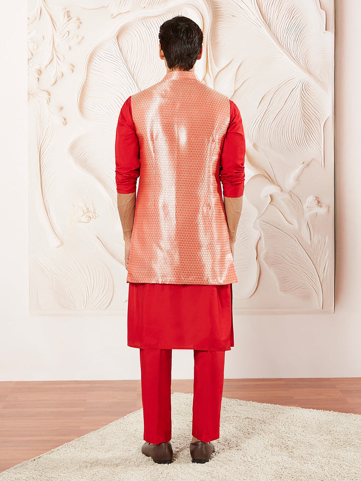 Men's Red Silk Blend Jacket Kurta And Pyjama Set