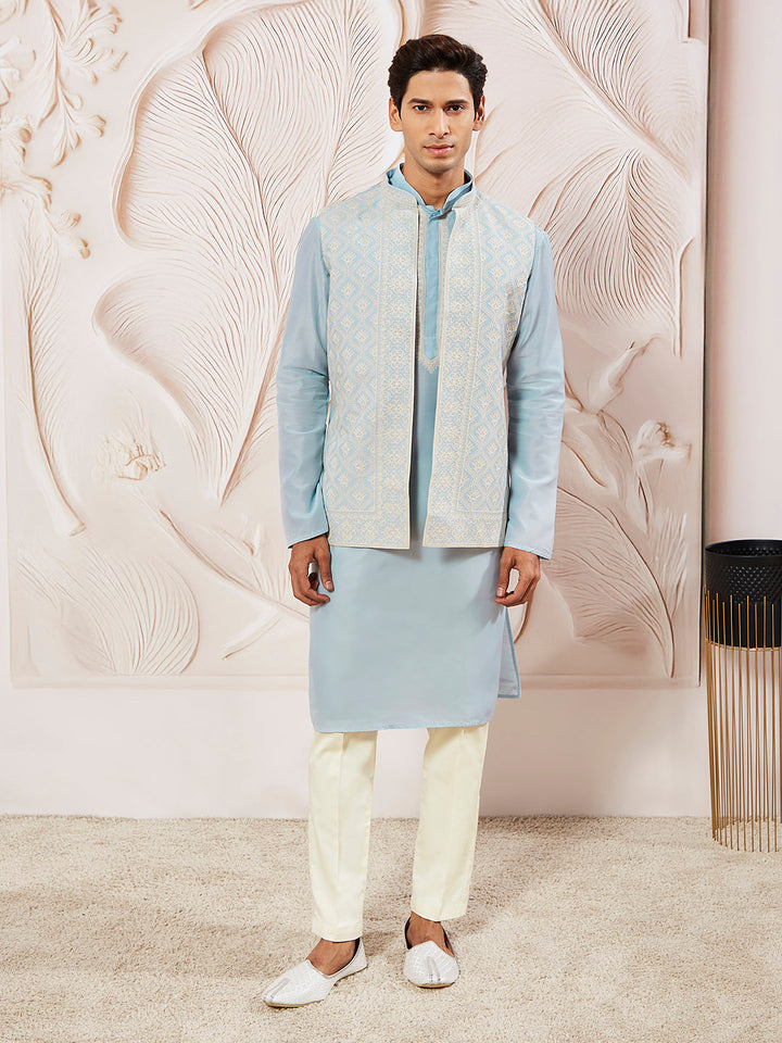 Sarvati Men's Aqua Silk Blend  Jacket,Kurta And Pyjama Set.