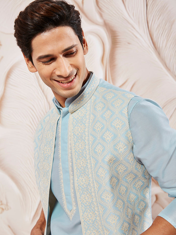 Sarvati Men's Aqua Silk Blend  Jacket,Kurta And Pyjama Set.