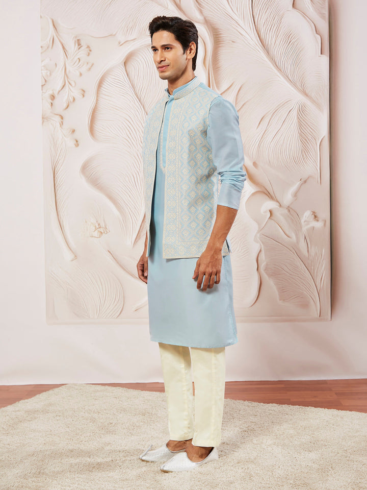 Sarvati Men's Aqua Silk Blend  Jacket,Kurta And Pyjama Set.