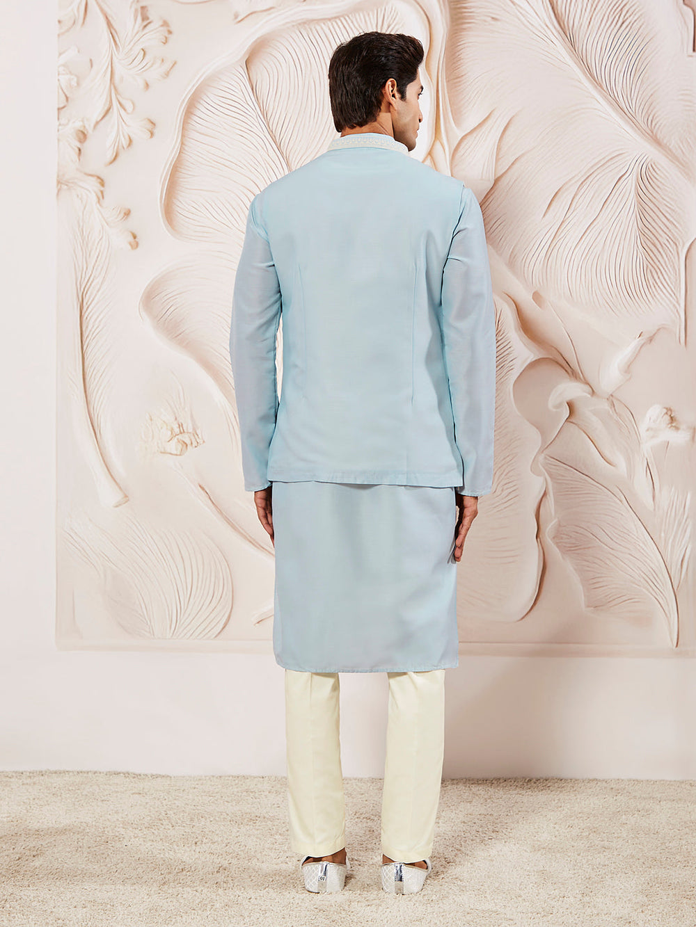 Sarvati Men's Aqua Silk Blend  Jacket,Kurta And Pyjama Set.