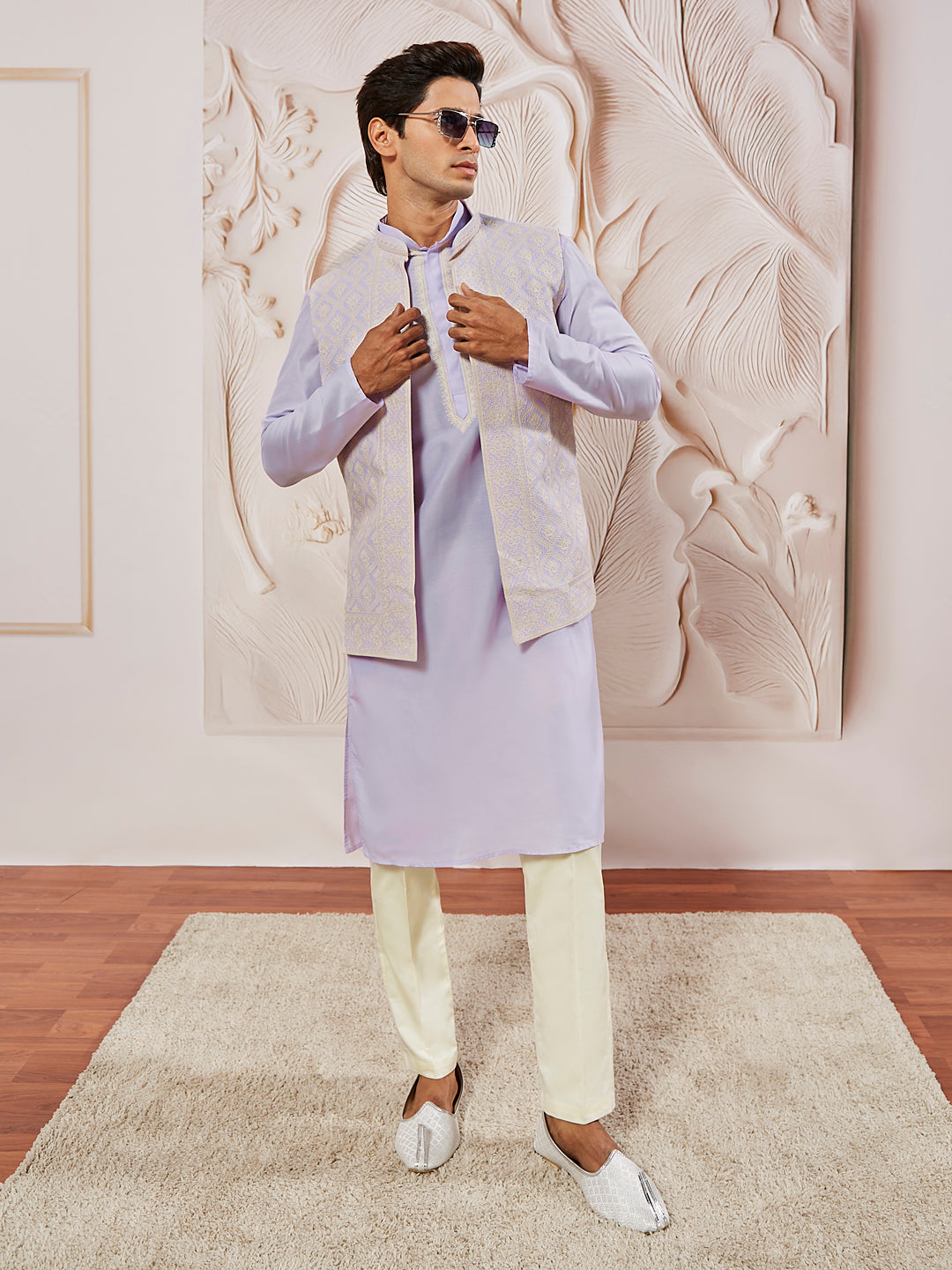 Sarvati Men's Lavender Silk Blend  Jacket,Kurta And Pyjama Set.