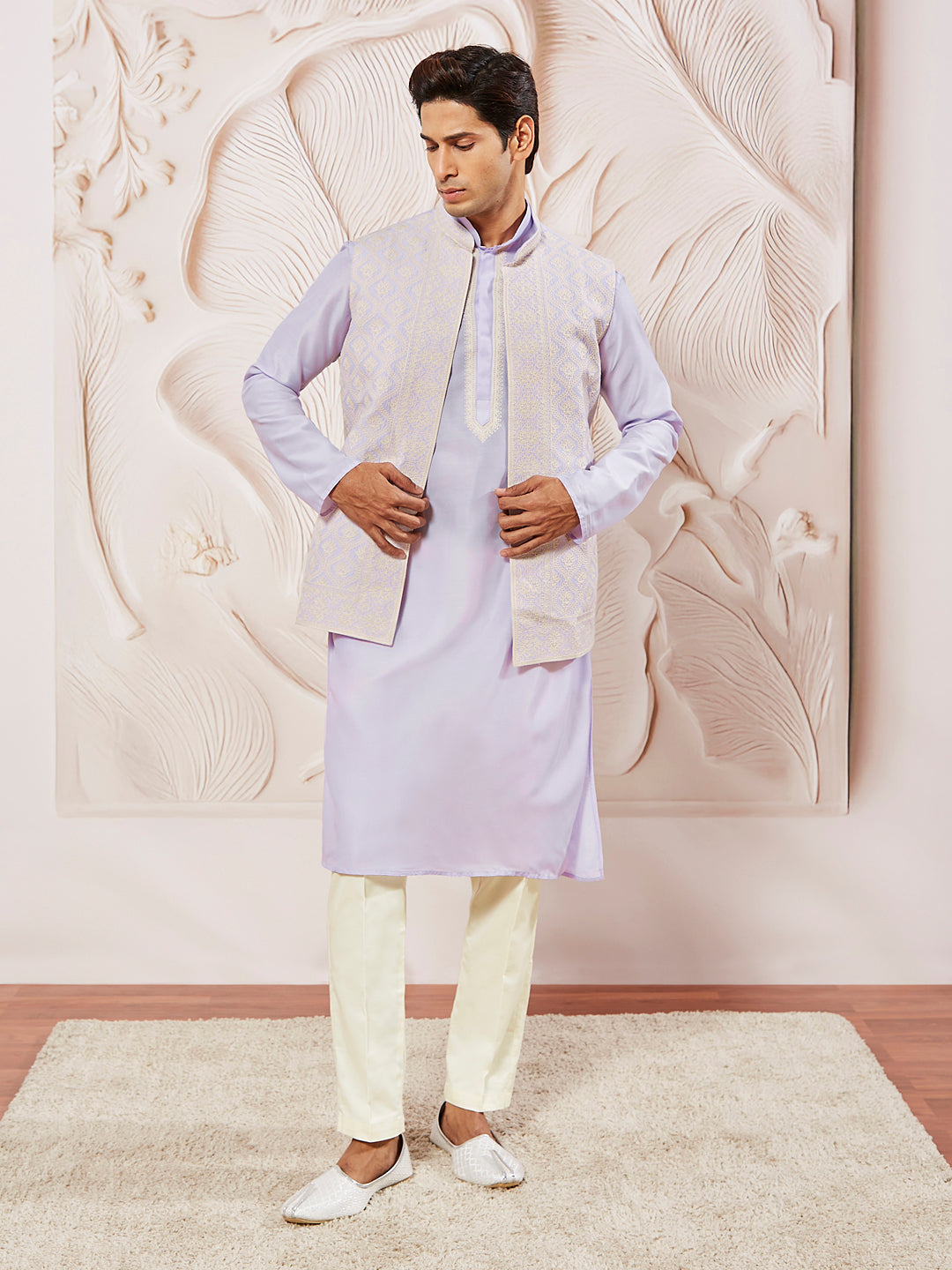 Sarvati Men's Lavender Silk Blend  Jacket,Kurta And Pyjama Set.