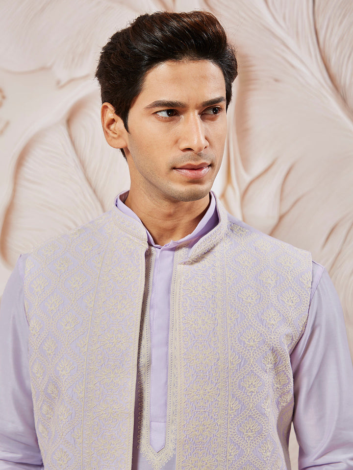 Sarvati Men's Lavender Silk Blend  Jacket,Kurta And Pyjama Set.