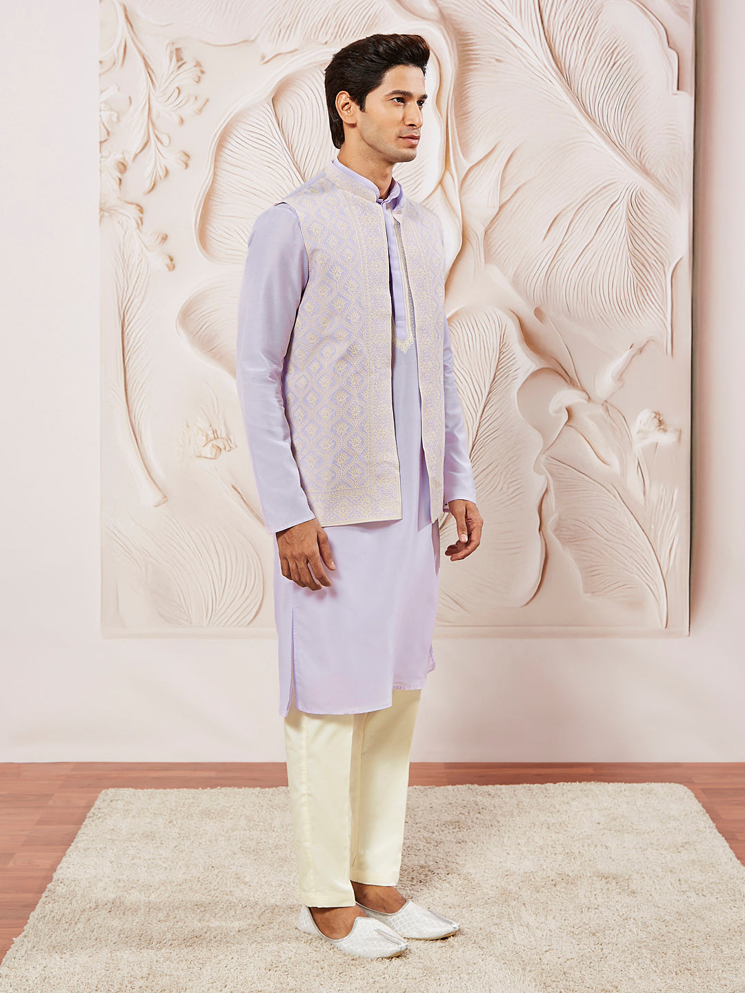 Sarvati Men's Lavender Silk Blend  Jacket,Kurta And Pyjama Set.