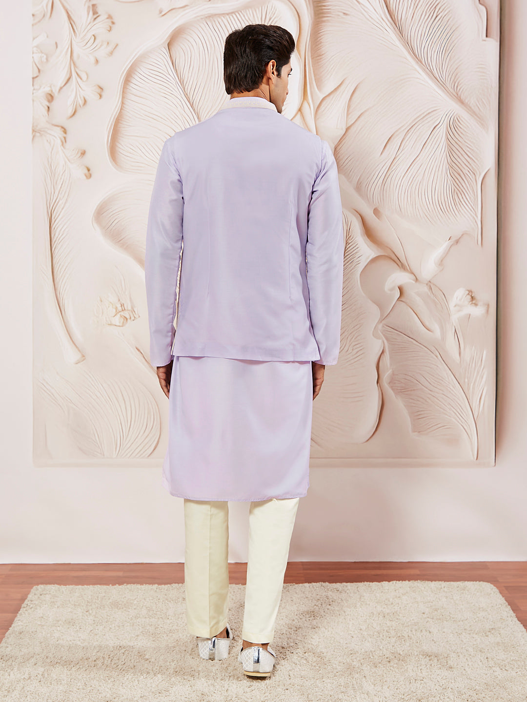 Sarvati Men's Lavender Silk Blend  Jacket,Kurta And Pyjama Set.