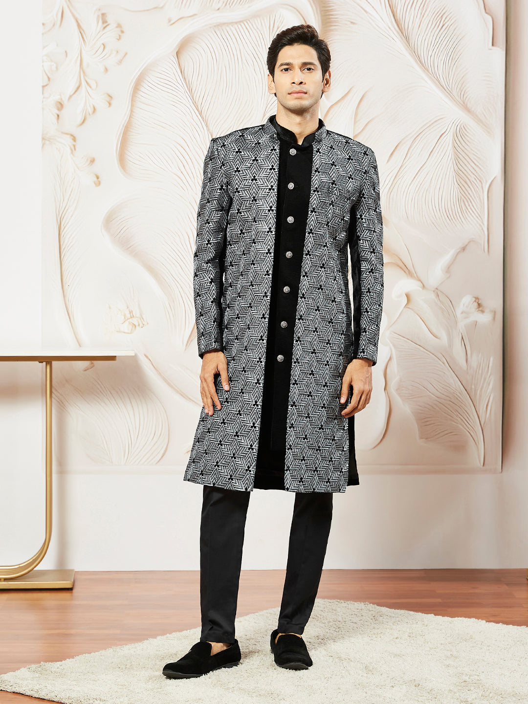 Men's Gray Velvet Indo Western,Semi Indo And Pyjama Set - view 2