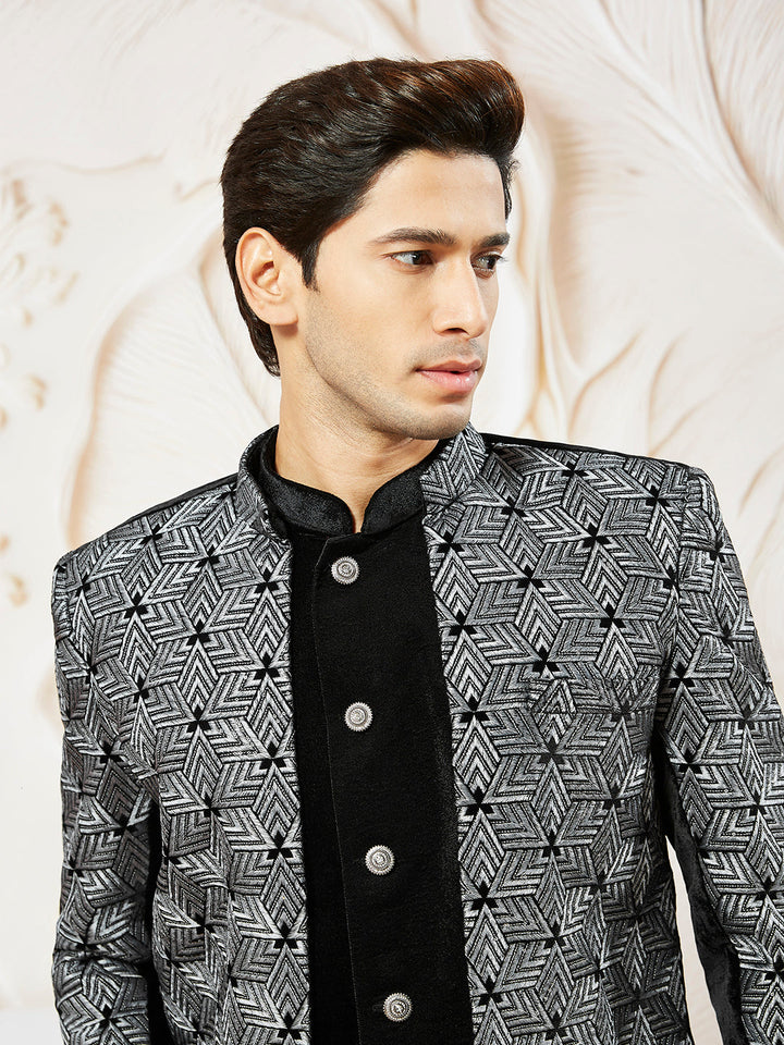 Men's Gray Velvet Indo Western,Semi Indo And Pyjama Set - view 3