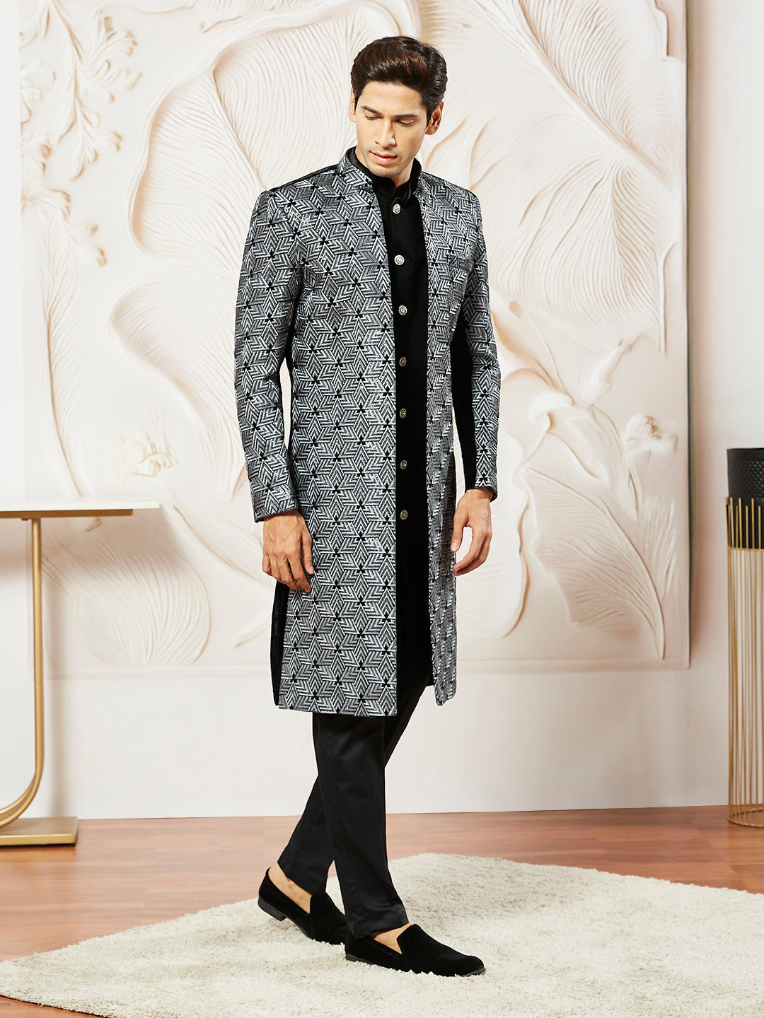 Men's Gray Velvet Indo Western,Semi Indo And Pyjama Set - view 4