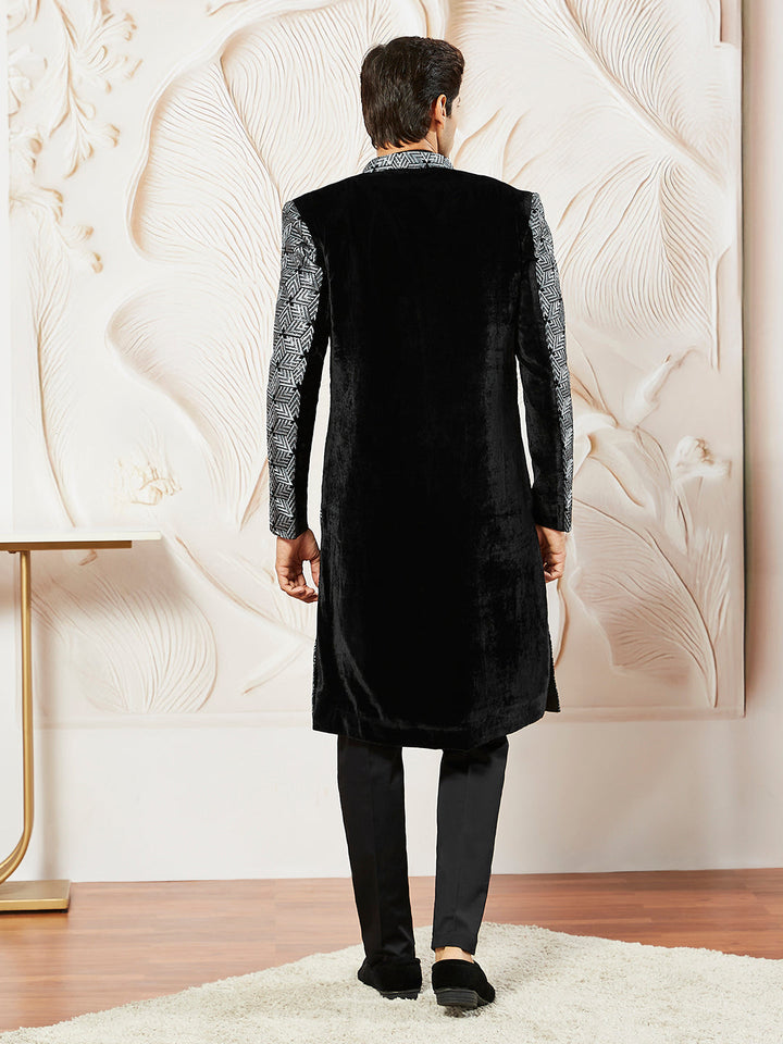 Men's Gray Velvet Indo Western,Semi Indo And Pyjama Set - view 5