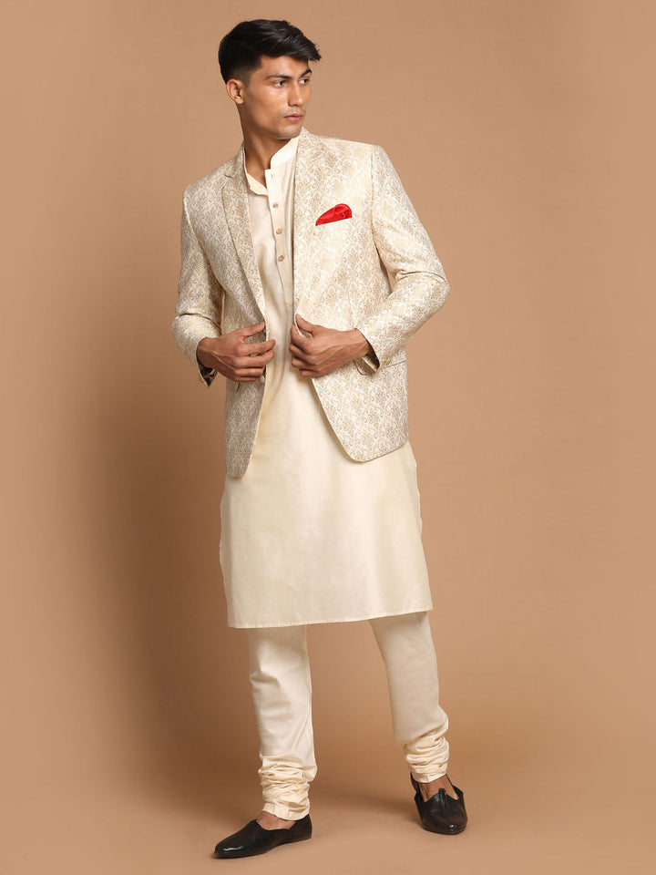 Sarvati Men's Gold Woven Blazer And Cream Solid Kurta With Pajama Set