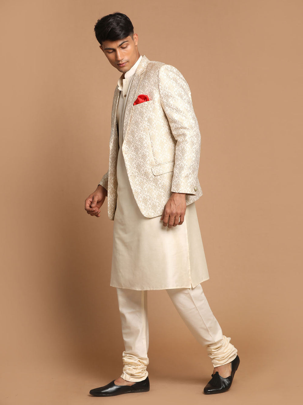 Sarvati Men's Gold Woven Blazer And Cream Solid Kurta With Pajama Set