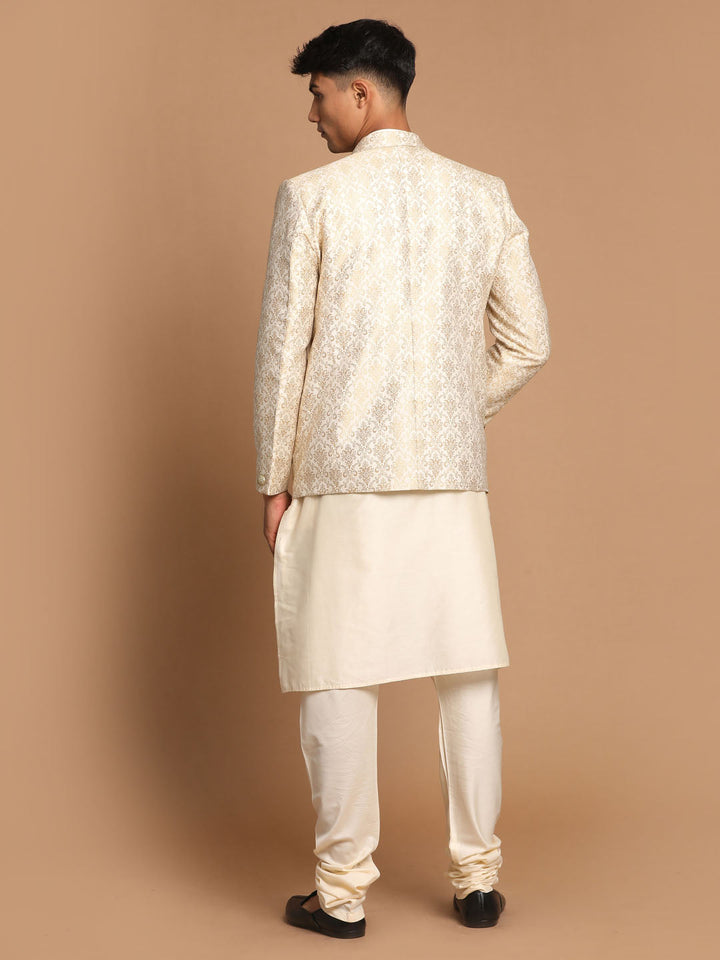 Sarvati Men's Gold Woven Blazer And Cream Solid Kurta With Pajama Set