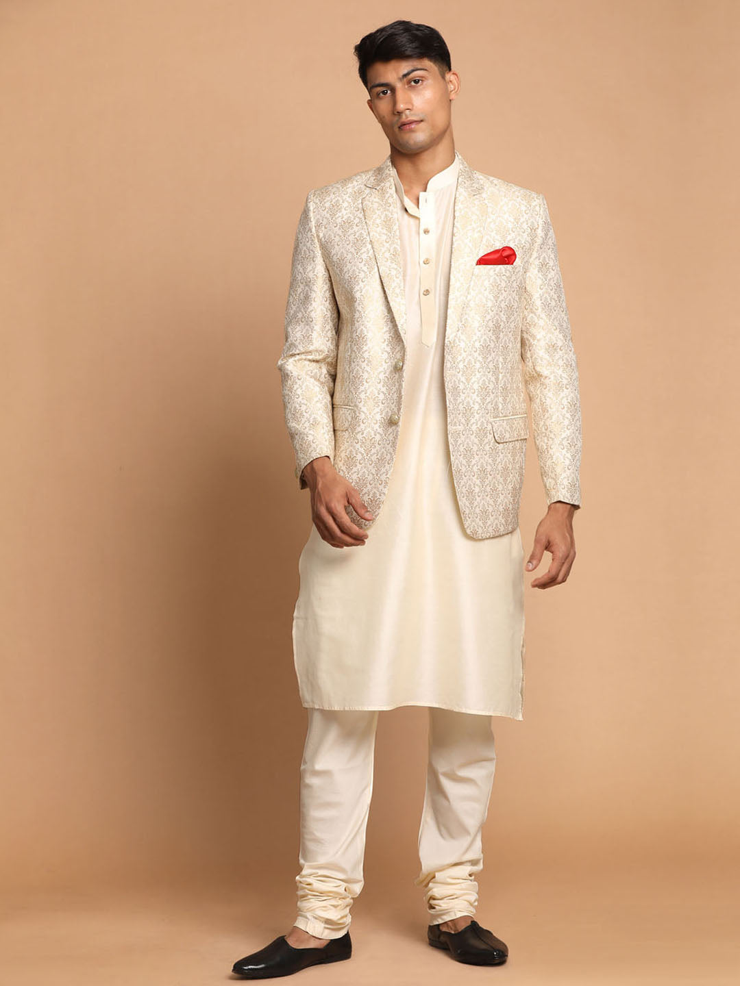 Sarvati Men's Gold Woven Blazer And Cream Solid Kurta With Pajama Set