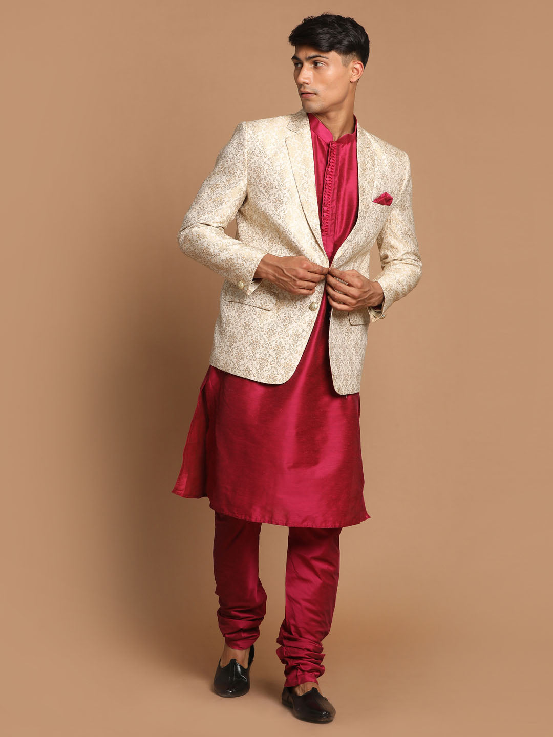 Sarvati Men's Fuchsia & Gold Solid Kurta with Churidar & Woven Blazer