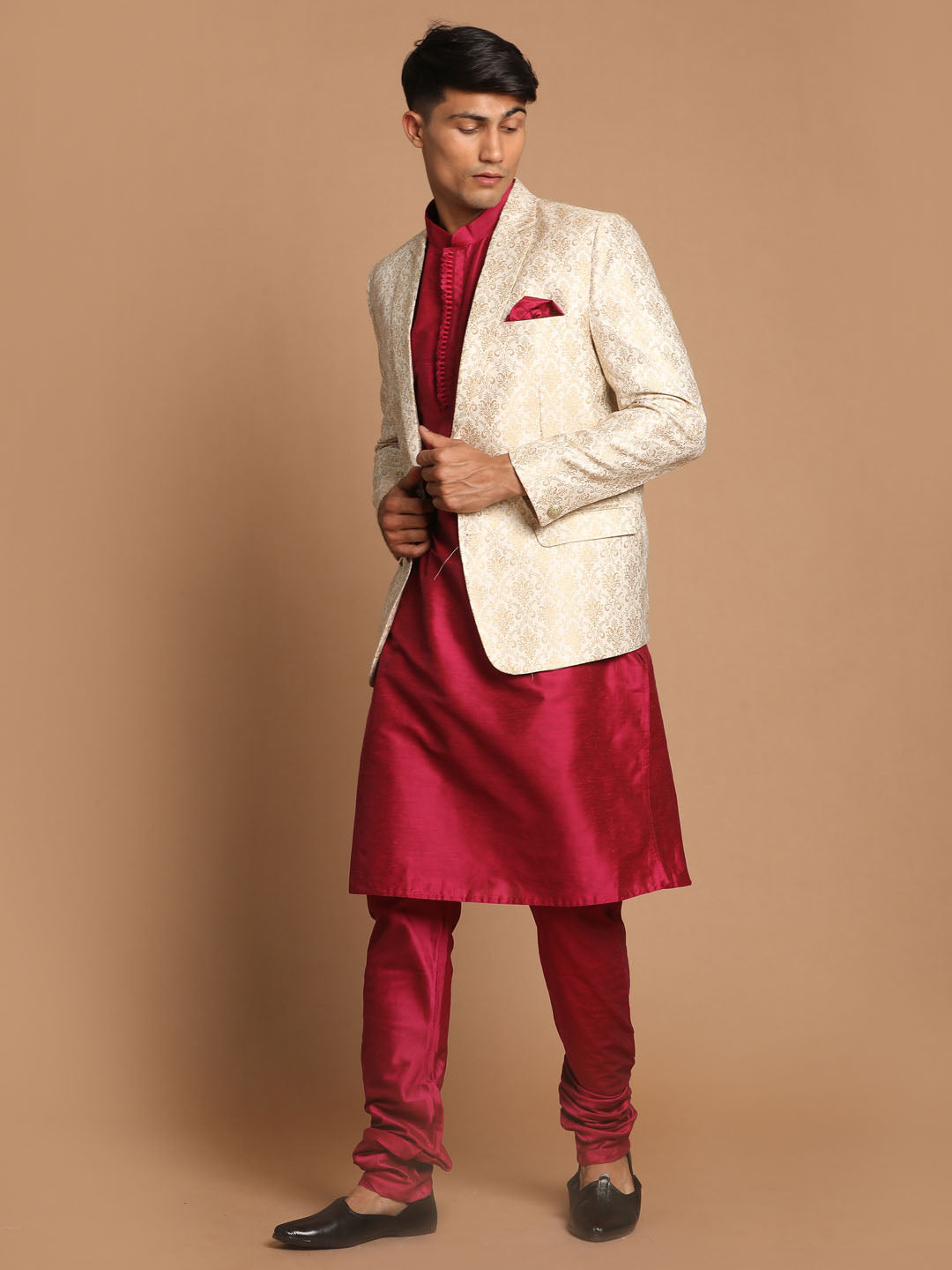 Sarvati Men's Fuchsia & Gold Solid Kurta with Churidar & Woven Blazer