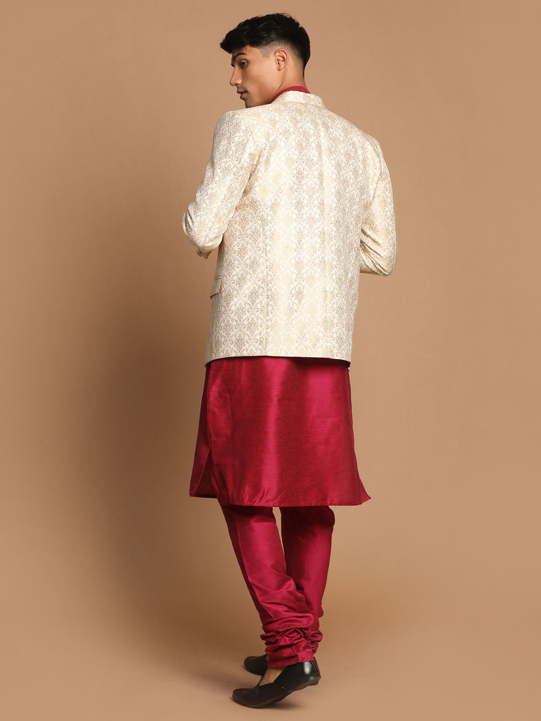 Sarvati Men's Fuchsia & Gold Solid Kurta with Churidar & Woven Blazer