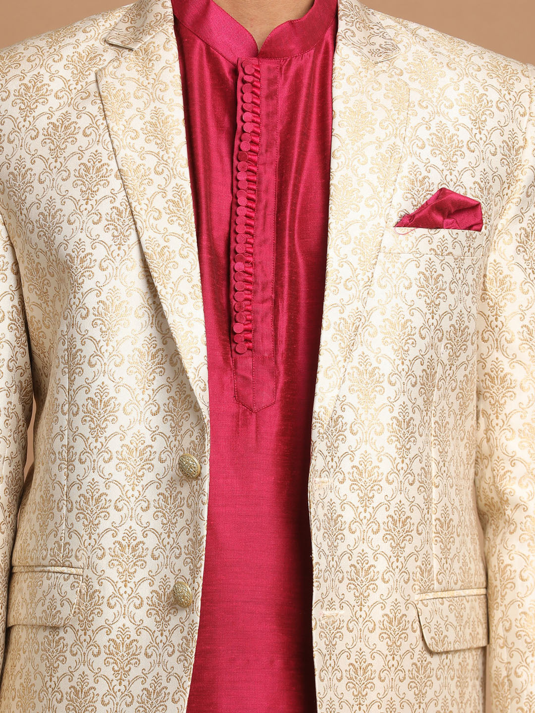 Sarvati Men's Fuchsia & Gold Solid Kurta with Churidar & Woven Blazer