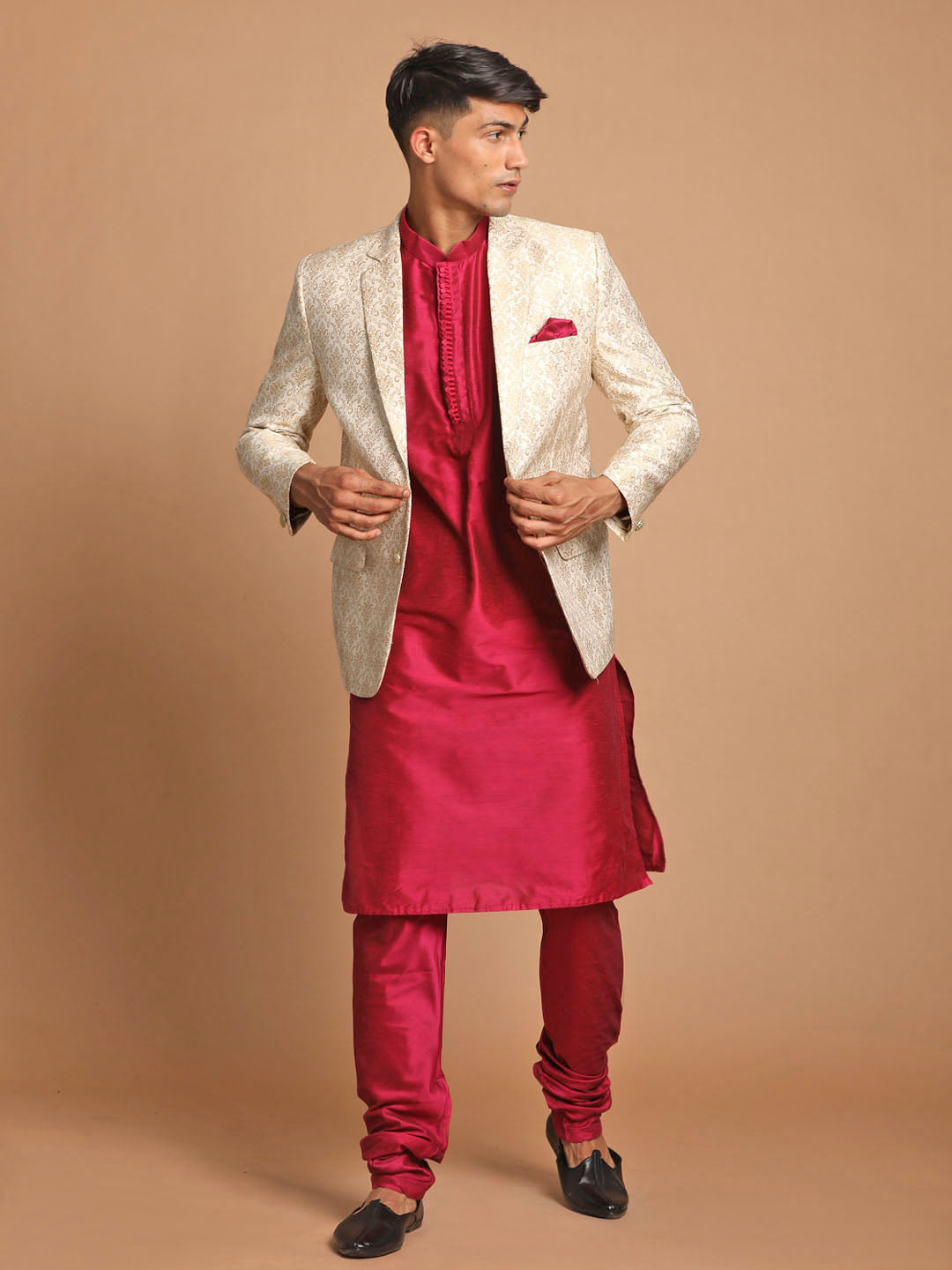 Sarvati Men's Fuchsia & Gold Solid Kurta with Churidar & Woven Blazer