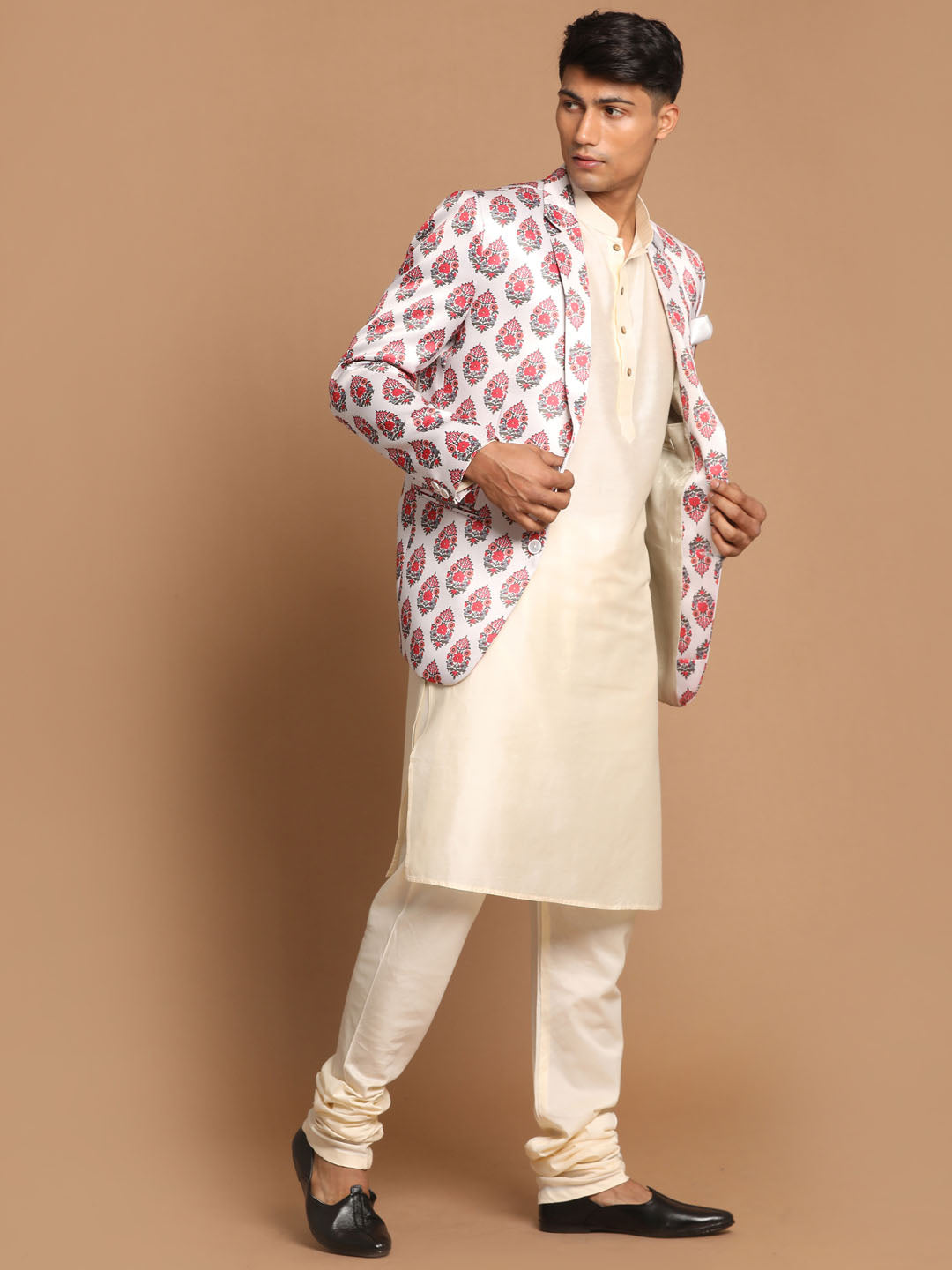 Sarvati Men's Cream Base Multicolor Printed Blazer And Cream Solid Kurta With Pajama Set