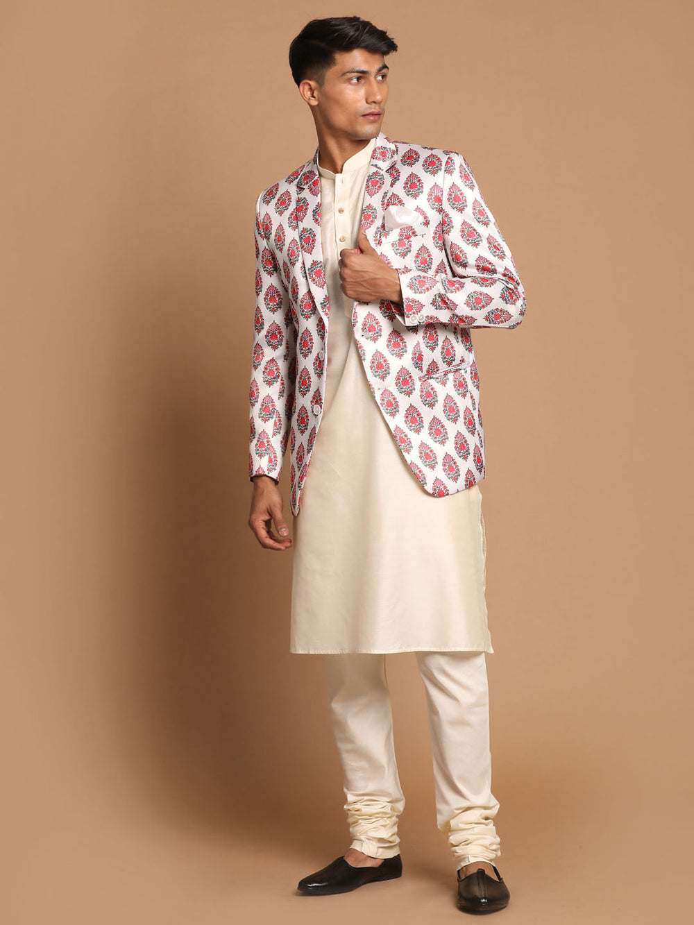 Sarvati Men's Cream Base Multicolor Printed Blazer And Cream Solid Kurta With Pajama Set